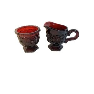 avon ruby red glass creamer & sugar set